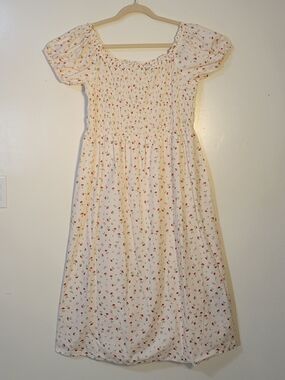 H&M (Women's XL) Cream Floral Smocked Puff-Sleeve Off-The-Shoulder Poplin Dress